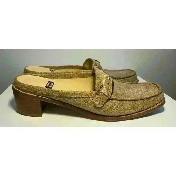 Stuart Weitzman Slide Women 7B Tan Beige Fabric Slip On Buckle Block Heel Spain - Picture 4 of 9